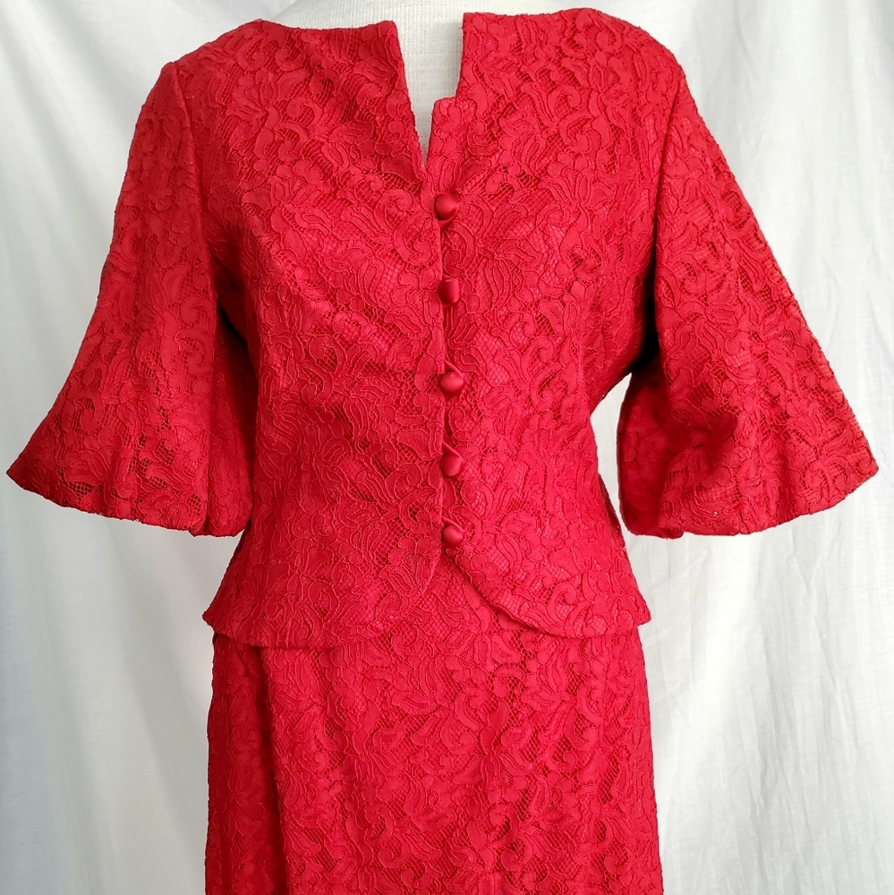 1960s vintage Carol Craig red lace suit